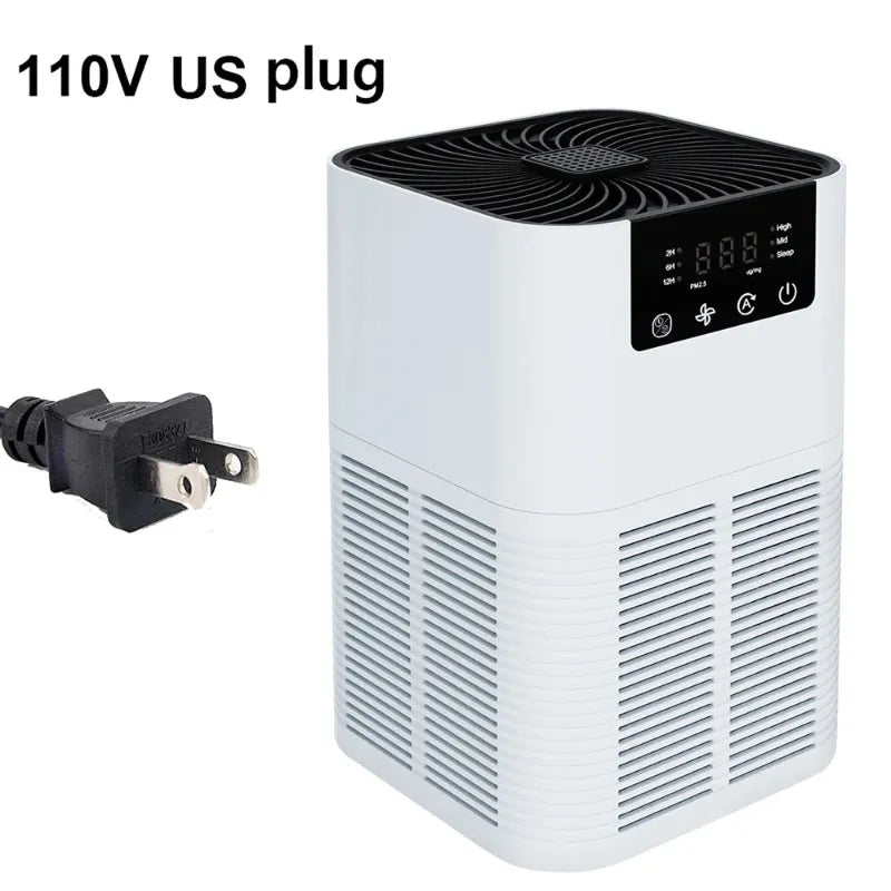 White air purifier with digital display and 110V US plug on a white background
