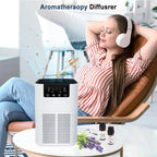 Woman relaxing with headphones, beside air purifier with aromatherapy diffuser, and essential oils on a table.