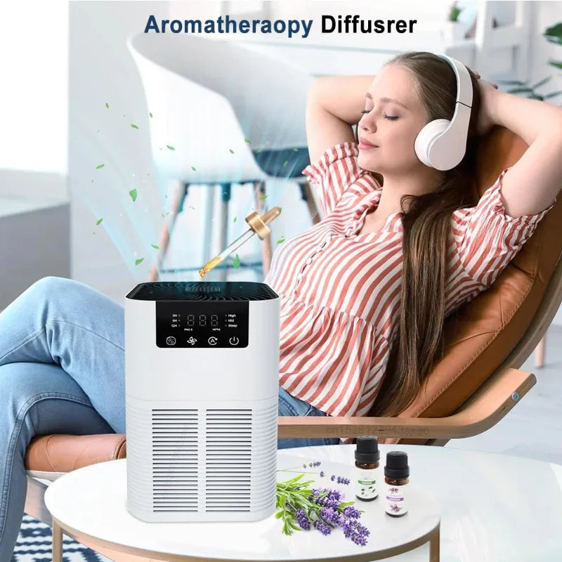 Woman relaxing with headphones, beside air purifier with aromatherapy diffuser, and essential oils on a table.