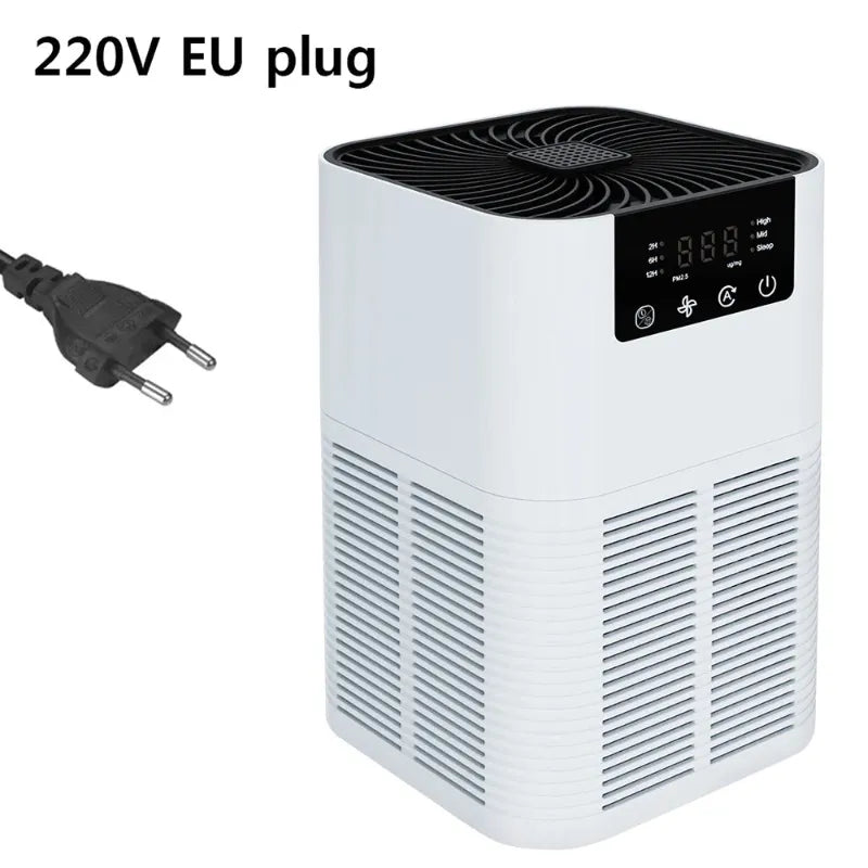 White air purifier with digital display and power cord on a white background, labeled '220V EU plug'.