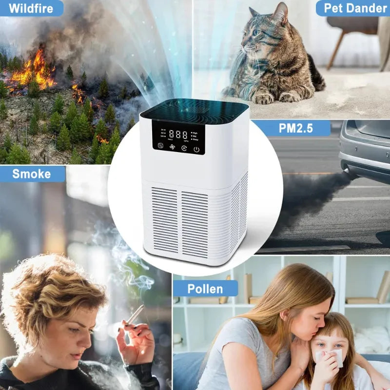 Air purifier with images of wildfire, pet dander, smoke, and pollen to demonstrate its uses.