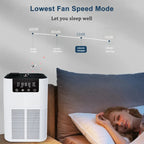 Air purifier with noise level indicator next to a person sleeping on a bed