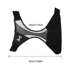 Black and gray athletic ankle support with measurements on a white background