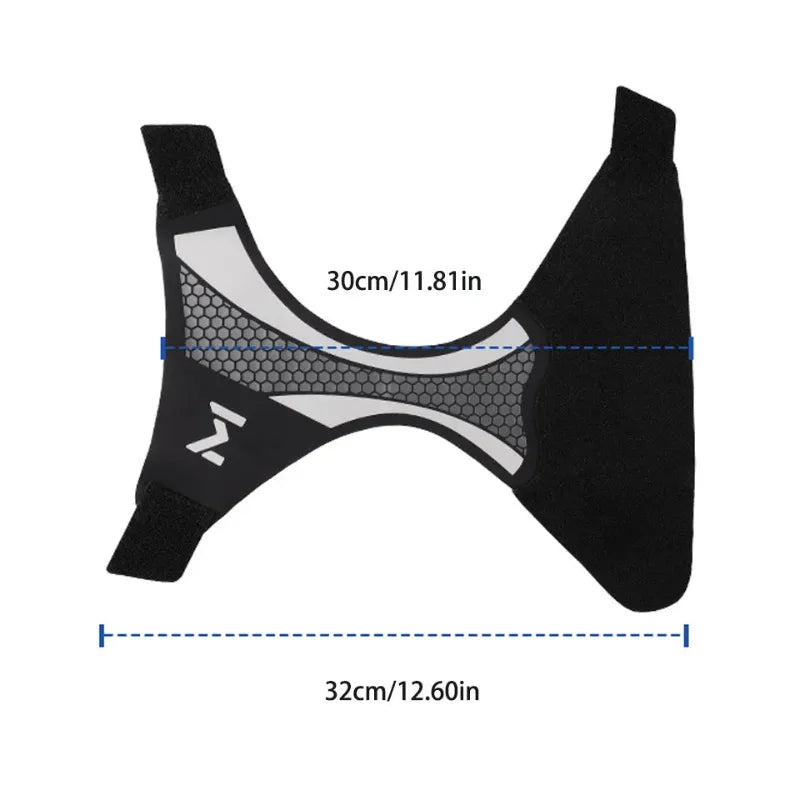 Black and gray athletic ankle support with measurements on a white background