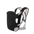 Black baby carrier with padded straps on a white background