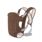 Brown baby carrier with padded straps on a white background