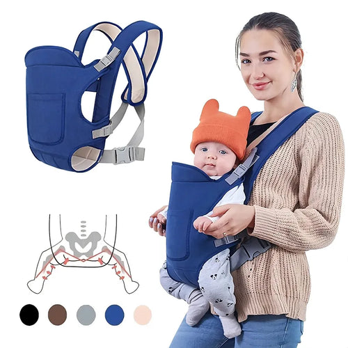 Woman using a blue baby carrier with a baby, surrounded by color swatches and a diagram.