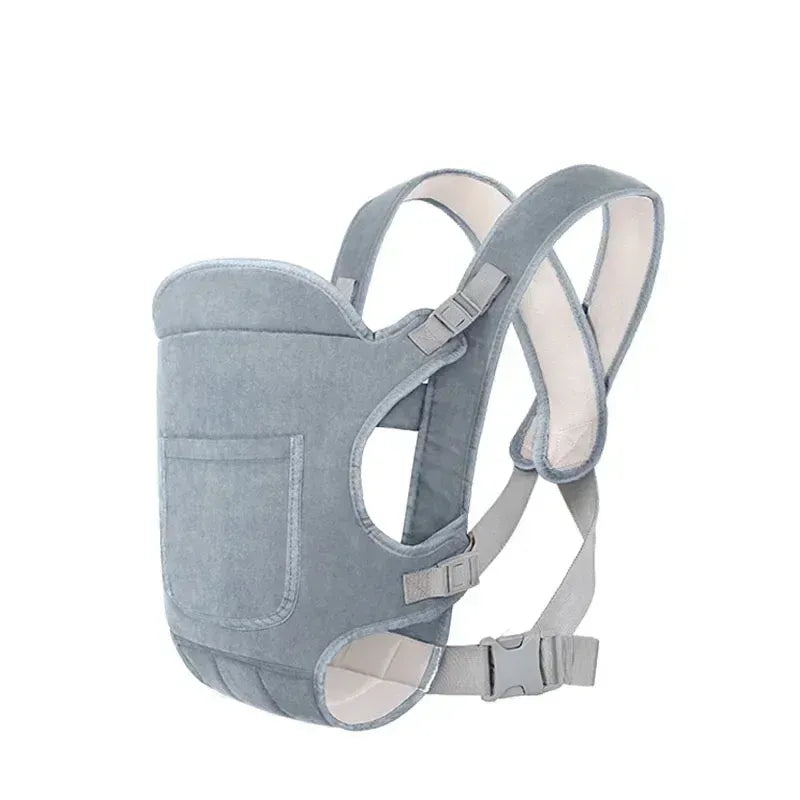 Gray baby carrier with padded straps on a white background