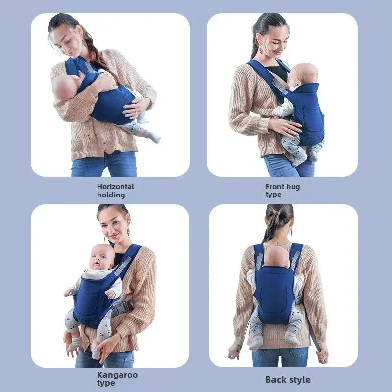 Woman using a baby carrier in different positions on a light blue background