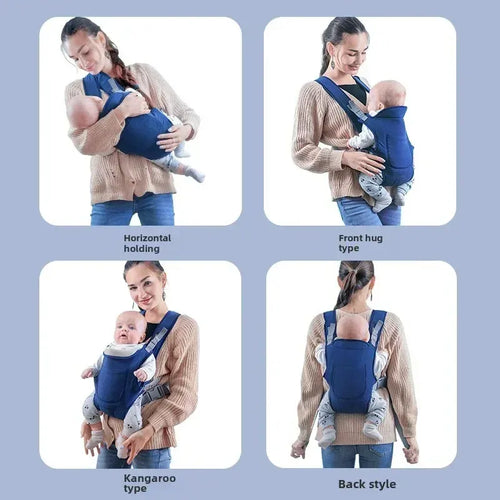Woman using a baby carrier in different positions on a light blue background