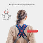 Person wearing a back brace with X-shaped cross shoulder straps on a white background