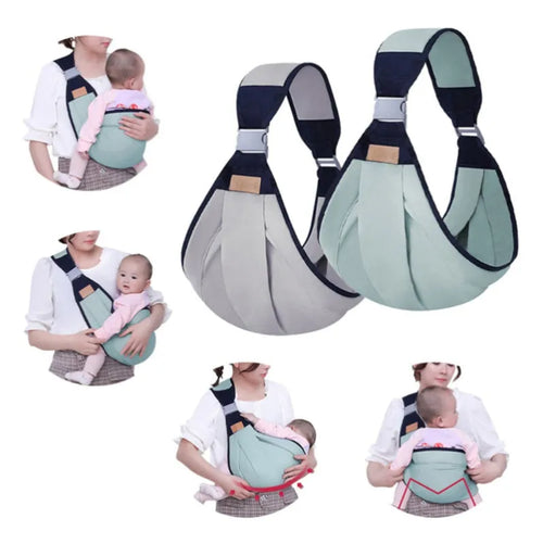 Baby carrier with a woman holding a baby, showing different angles of use.
