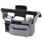 Gray stroller organizer with cup holders and phone pocket on a white background
