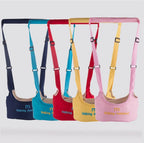Set of four colorful baby walking aids with straps on a white background