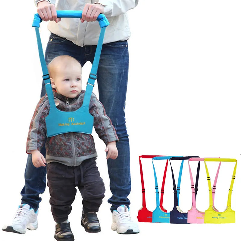 Person assisting a baby walking on white background