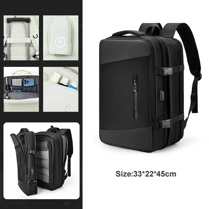 Black backpack with multiple compartments and a size label on a white background
