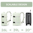 Extendible backpack comparison of scalable design showing closed and expanded and different luggage