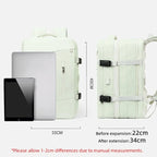 Light green extendible backpack with dimensions and an iPad for scale on a white background