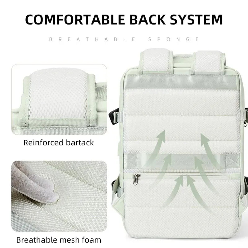 Light green backpack with text highlighting comfortable back system features on a white background