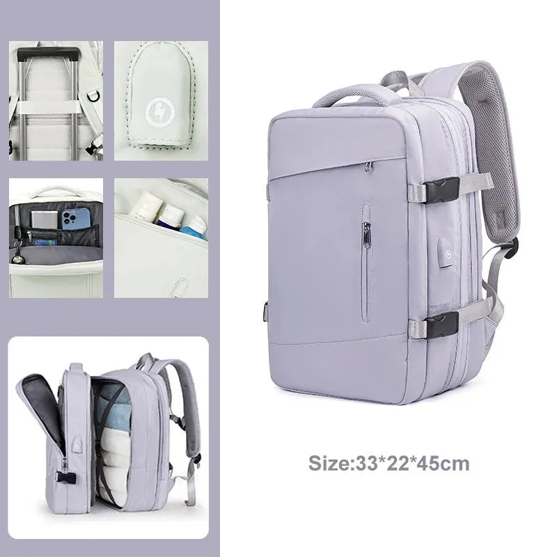Purple backpack with multiple compartments and a size label on a white background