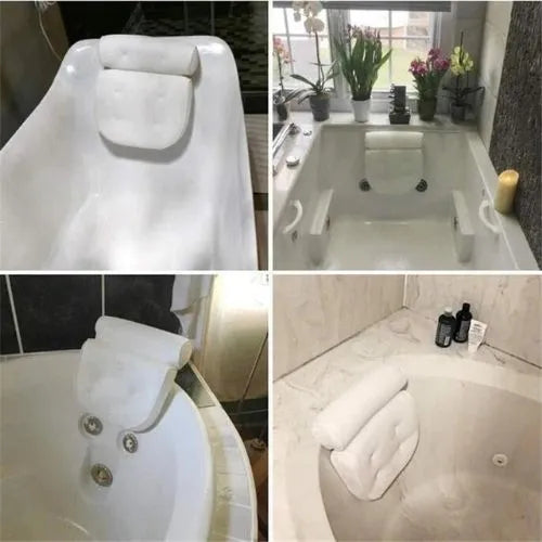 Collage of a bathtub with a bath pillow and various angles shown.