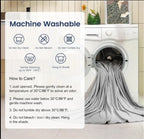 Text overlay on a washing machine with care instructions for a product, showing a blanket being washed.