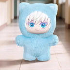 Blue plush toy with cartoon face on a tiled floor
