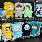 Plush toys with cat ears in various colors and packaging on a black background