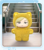 Yellow plush toy with cat-like costume on a neutral background