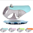 Pet cooling harness with various colored top and gray sides on a white 