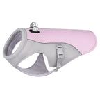 Dog cooling harness with pink and gray design on a white background