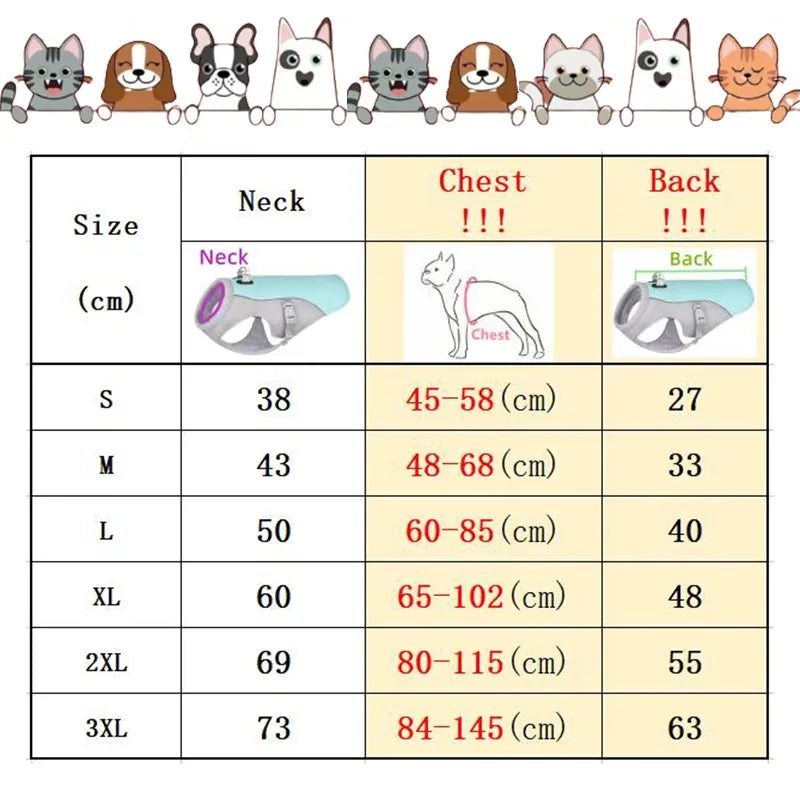 Size chart for dog cooling vest with measurements in centimeters