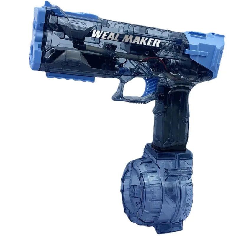 Blue toy electric water gun with 'Weal Maker' branding on a white background