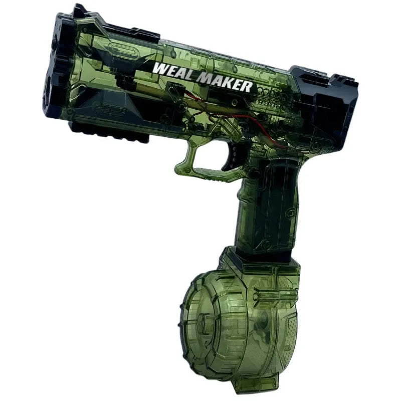 Green toy electric water gun with 'Weal Maker' branding on a white background