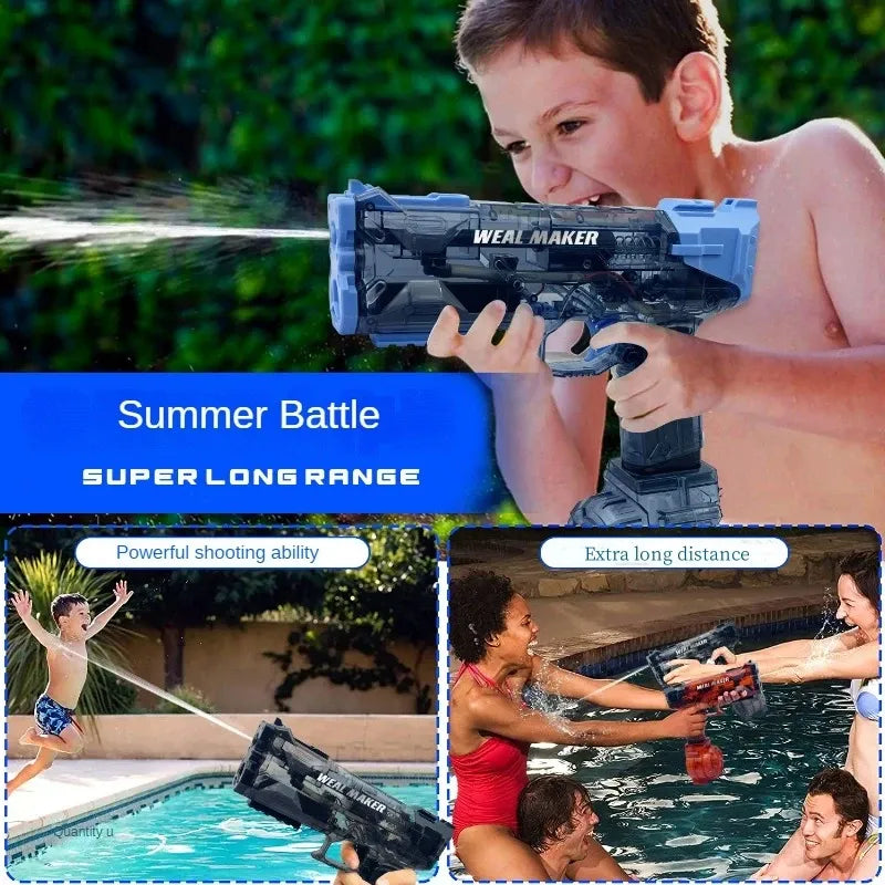 Child playing with a water gun in a pool, with text highlighting features like 'Super Long Range' and 'Powerful shooting ability'.