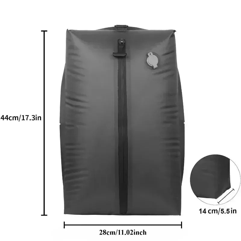 Gray vacuum compression bag with dimensions indicated on a white background