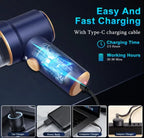 Blue portable vacuum with charging cable on a dark background, featuring text about charging speed and compatibility.