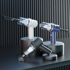 3 handheld vacuum cleaners with attachments on a dark display