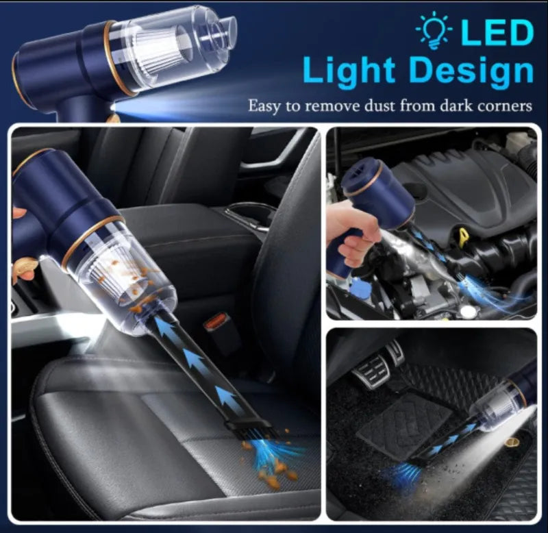 Car vacuum cleaner with LED light design used for cleaning car interiors and engine compartments.