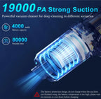 Vacuum cleaner with strong suction and battery capacity details on a dark background