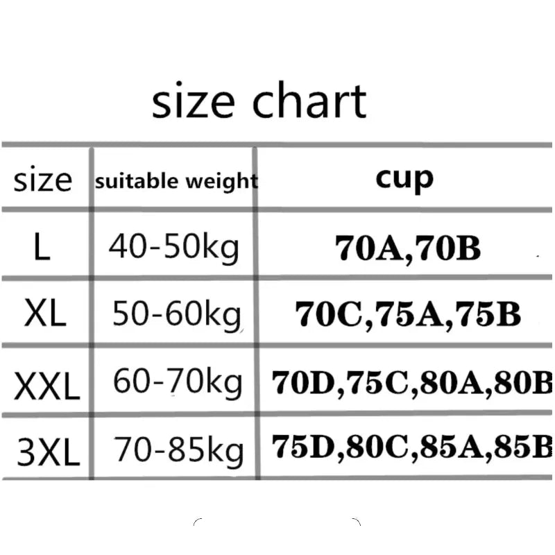 Size chart for bra with cup sizes and weight ranges