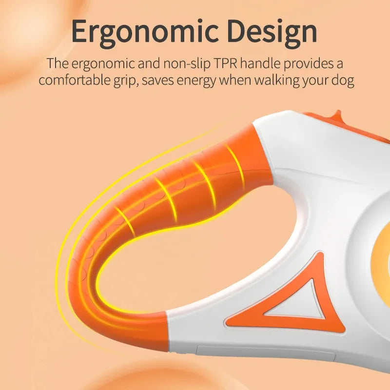 Pet leash ergonomic handle with text on an orange background