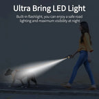 Person walking a dog with an LED light on a dark background
