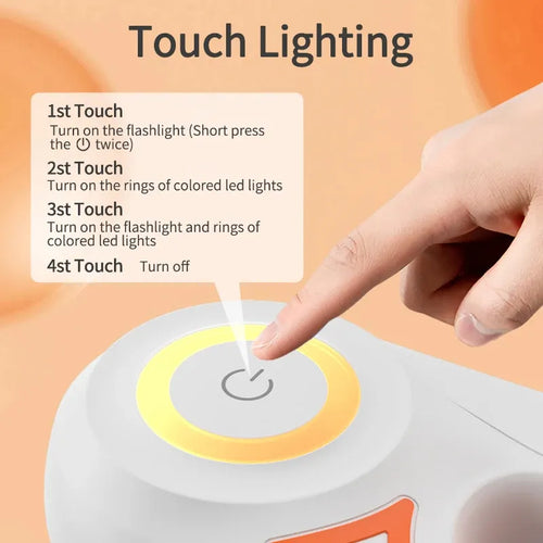 Hand interacting with dog leash touch-controlled lighting device on an orange background