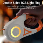 Dog leash with double-sided orange RGB light ring held by a hand with text about safety lights.