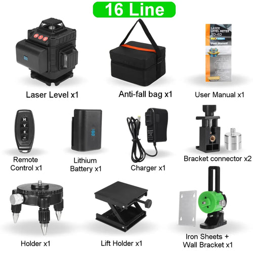 Collection of laser level and accessories with labels on a white background