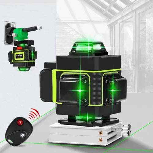 Green laser level with remote control on a white background