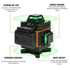 Laser level showing features with green beam technology on a white background