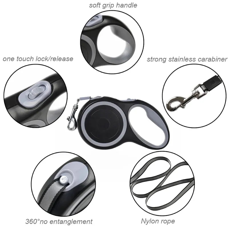 Retractable dog leash with features highlighted on a white background