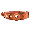 Brown leather airtag dog collar with gold metallic accents on a white background